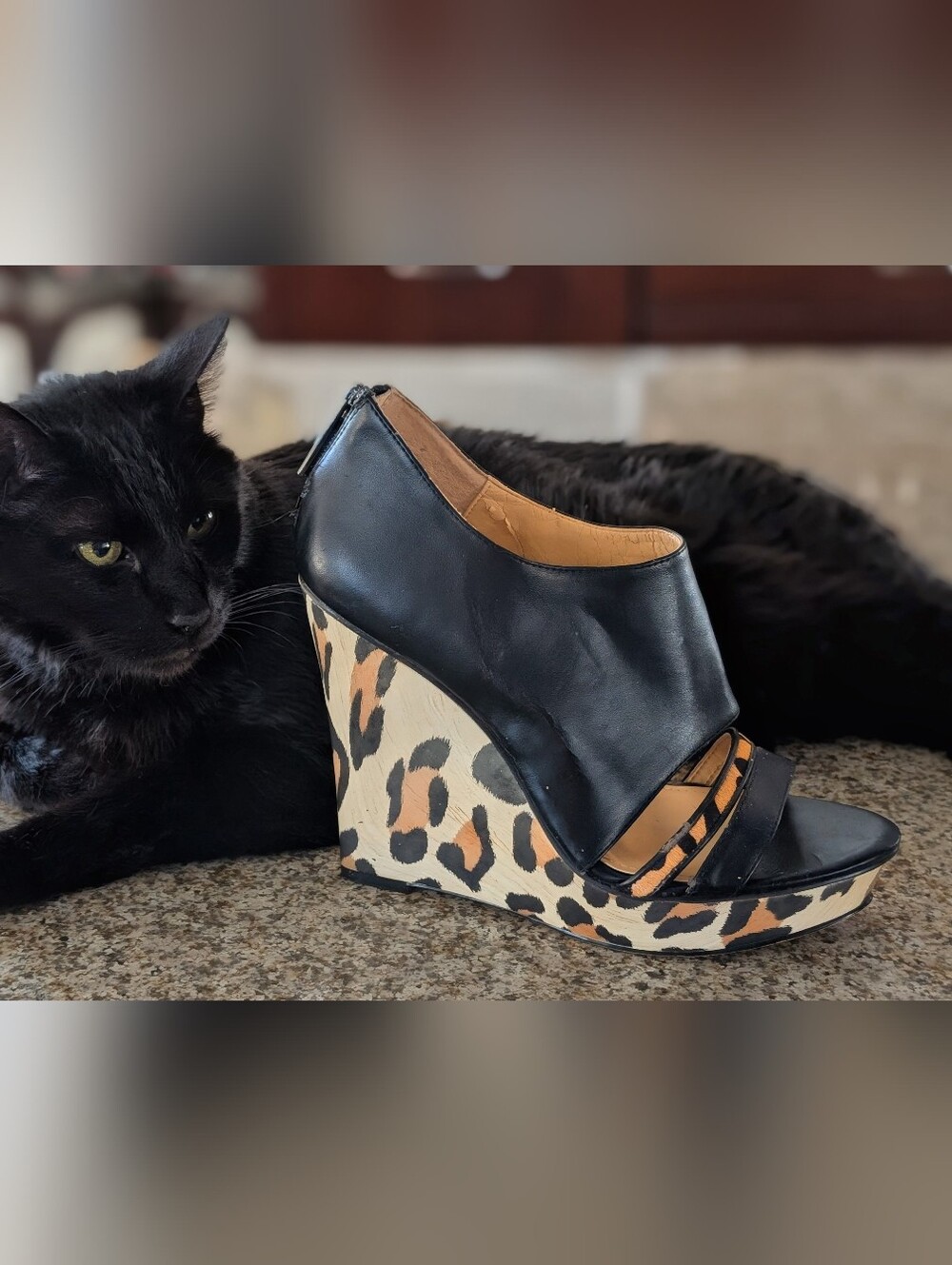 Calvin Klein "Danette" Black Wedge Sandals with Leopard-Print Platform
